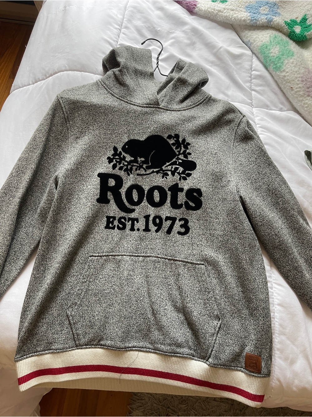 Roots Grey Hooded Sweatshirt with Black Logo and Red Trim